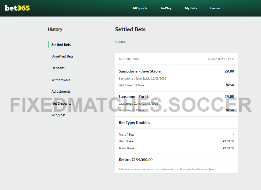 Double Fixed Matches 29th August win